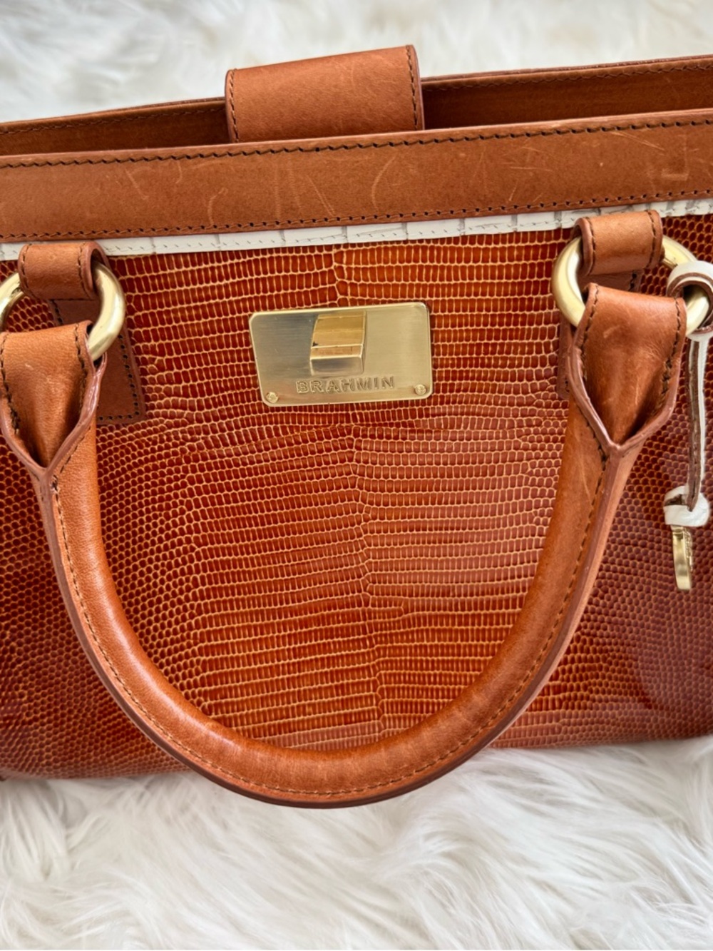 Brahmin Cognac Embossed Croc-Textured Satchel